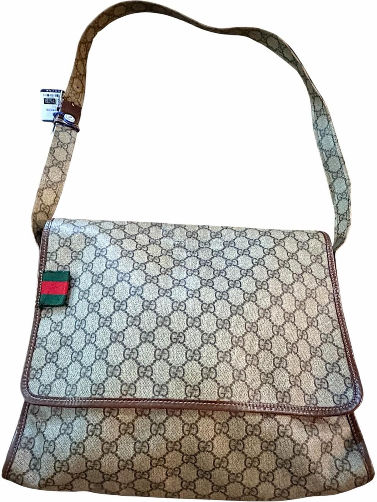 Gucci Beige/Brown Monogram Messenger Bag With Green & Red Web